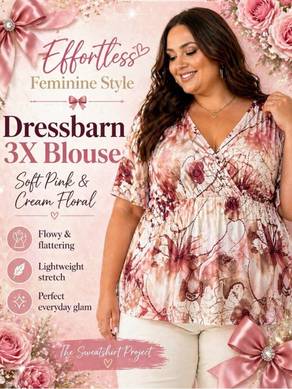 Dressbarn Women’s 3X Plus Size Pink and Cream Floral  Blouse